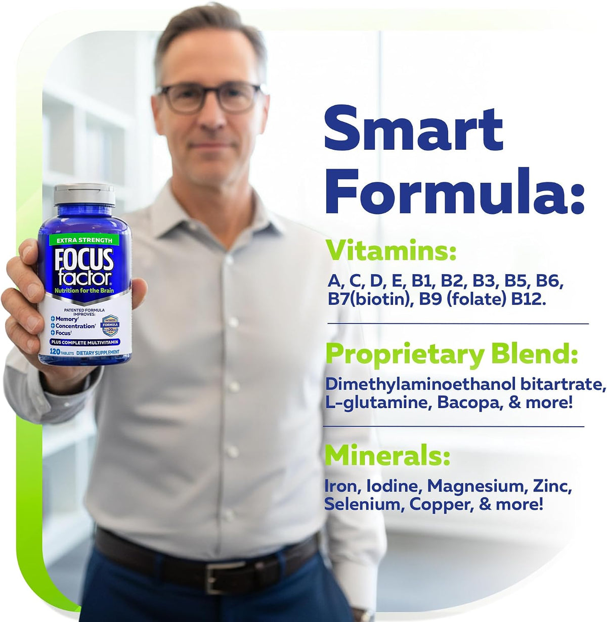 Focus Factor Extra Strength - Memory, Concentration and Focus - DMAE, Vitamin D, DHA, Bacopa and Much More - Trusted Clinically d Brain Health Supplement, 120 Count