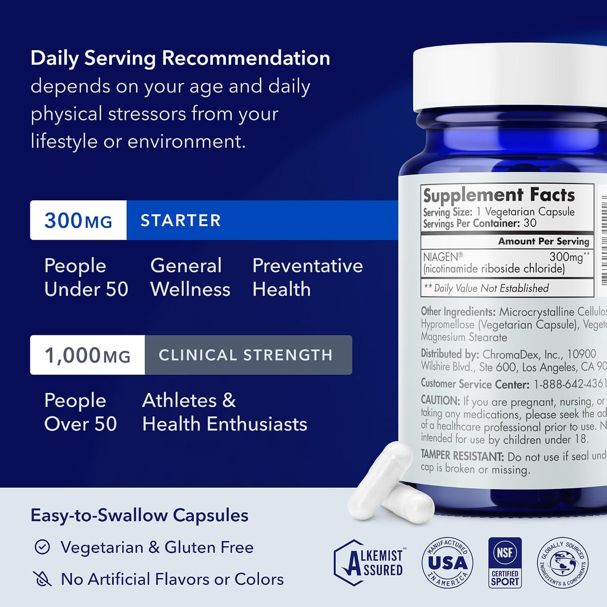 TRU NIAGEN NAD+ Supplement, Nicotinamide Riboside 300mg, 30 Daily Servings | Patented Niagen NR boosts NAD+ to support cellular energy and healthy aging. 300mg, one capsule daily, 30-day supply.