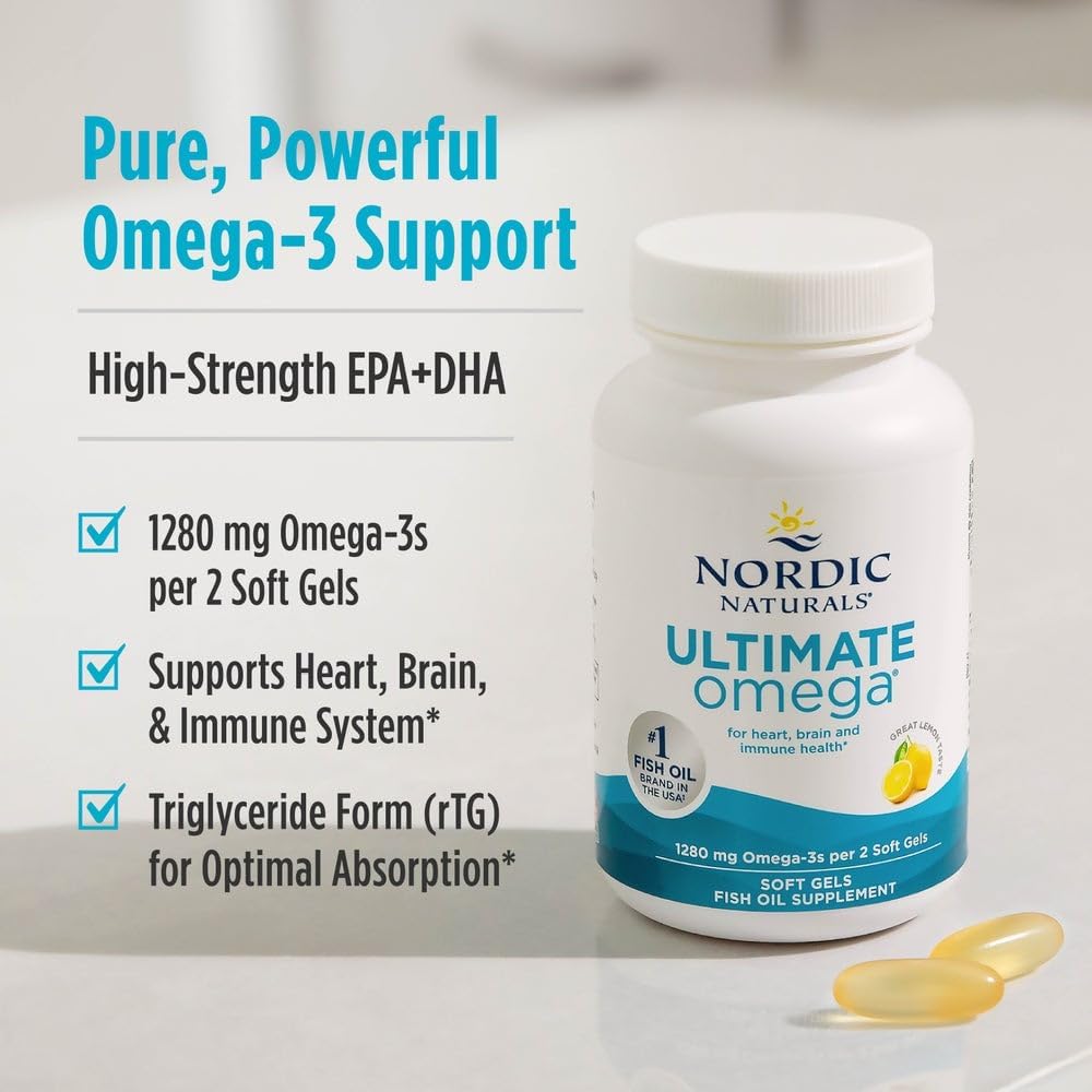 Nordic Naturals Ultimate Omega, 1280mg Omega-3 Fish Oil, Lemon - 180 Count | High-potency Omega-3 Fish Oil with EPA & DHA supports brain & heart health. Non-GMO, burpless formula. 90 servings.