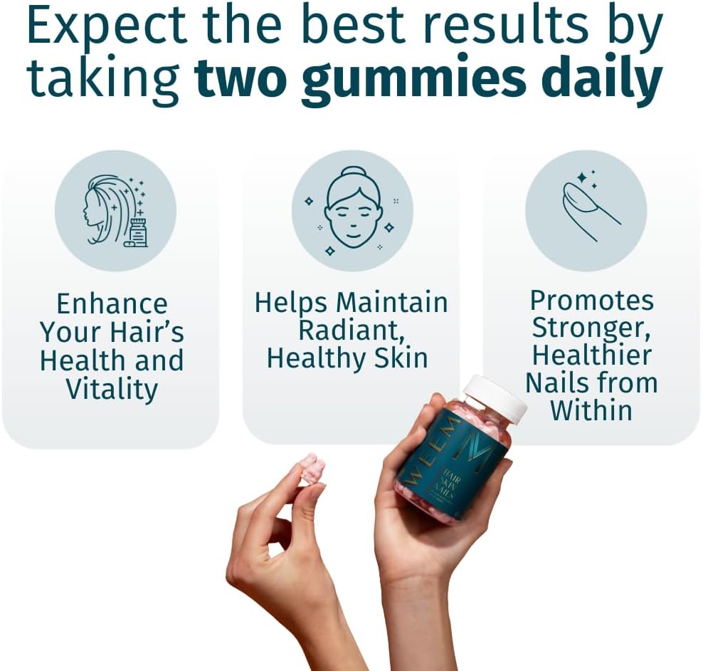 WEEM Hair Skin and Nails Gummies - Supports Healthy Hair - Vegan biotin Vitamins for Women & Men Supports Faster Hair Growth, Stronger Nails, Healthy Skin, Extra Strength