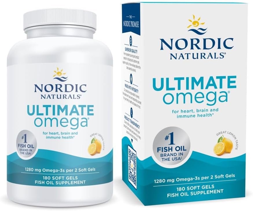 Nordic Naturals Ultimate Omega, 1280mg Omega-3 Fish Oil, Lemon - 180 Count | High-potency Omega-3 Fish Oil with EPA & DHA supports brain & heart health. Non-GMO, burpless formula. 90 servings.