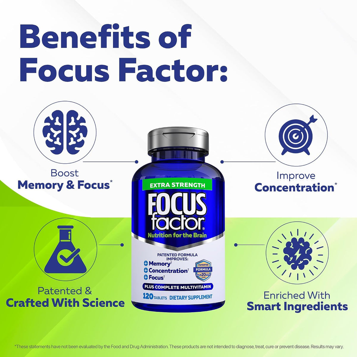 Focus Factor Extra Strength - Memory, Concentration and Focus - DMAE, Vitamin D, DHA, Bacopa and Much More - Trusted Clinically d Brain Health Supplement, 120 Count