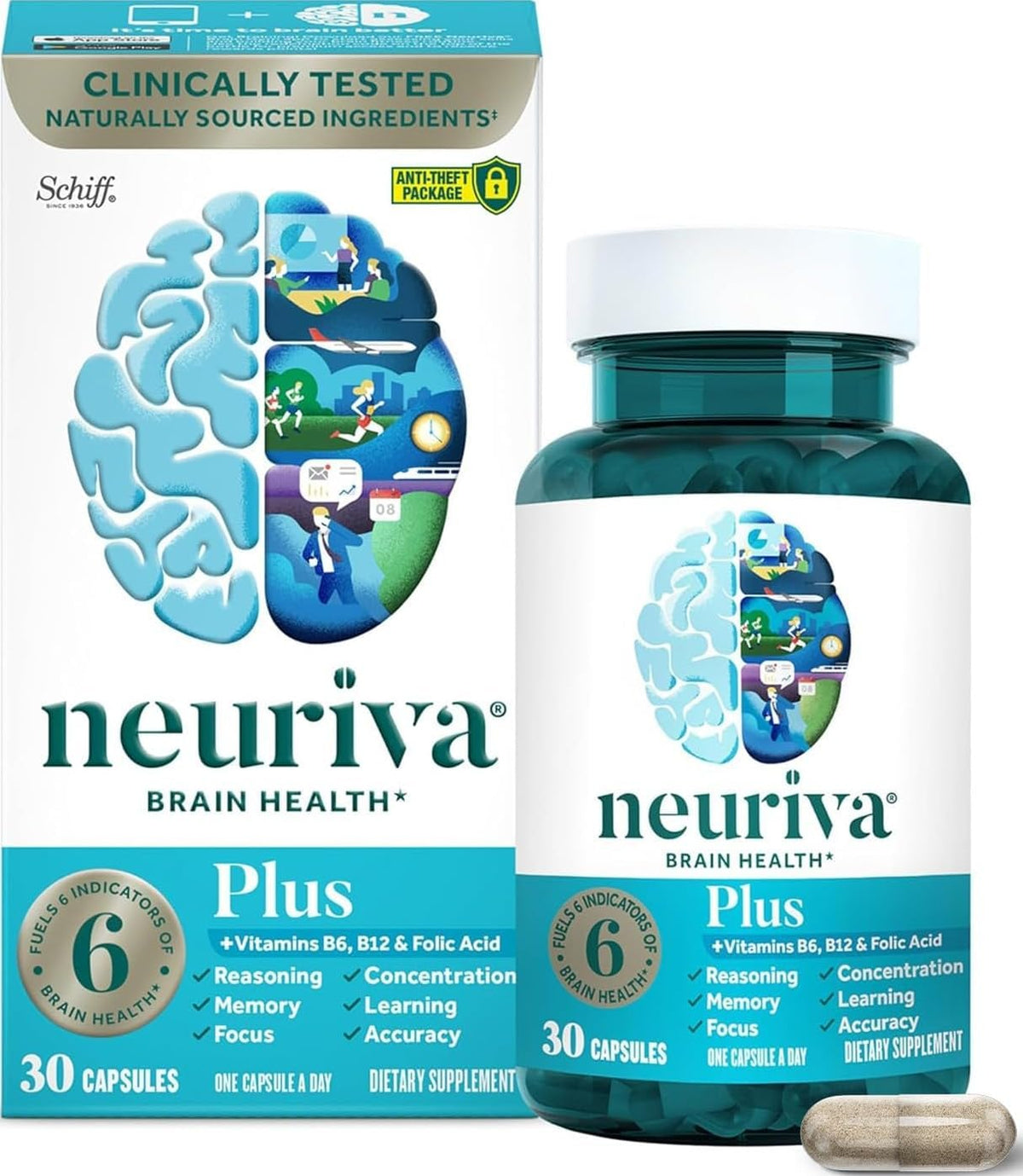 NEURIVA Plus Brain Supplements for Memory and Focus, Clinically Tested Nootropics Neurofactor and Phosphatidylserine, with Vitamin B12, Vitamin B6 and Folic Acid, 30 Count Capsules