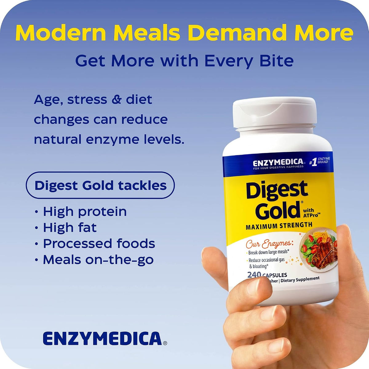 Enzymedica Digest Gold, Maximum Strength, ATPro Energy Support - 240 Caps | Digestive Enzyme Supplement for Women & Men, Enzyme Capsules for Digestion, Gut Health Support, Helps Gas & Bloating, Vegan