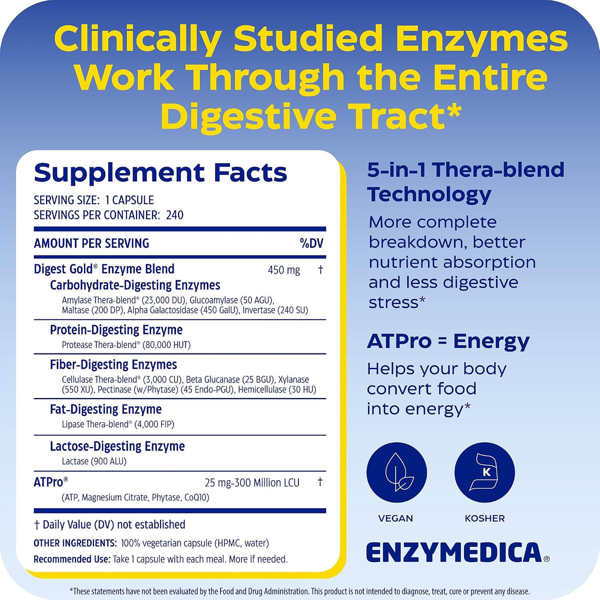 Enzymedica Digest Gold, Maximum Strength, ATPro Energy Support - 240 Caps | Digestive Enzyme Supplement for Women & Men, Enzyme Capsules for Digestion, Gut Health Support, Helps Gas & Bloating, Vegan