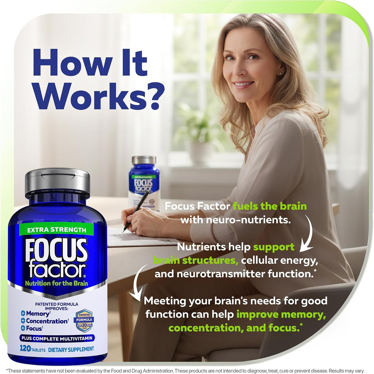 Focus Factor Extra Strength - Memory, Concentration and Focus - DMAE, Vitamin D, DHA, Bacopa and Much More - Trusted Clinically d Brain Health Supplement, 120 Count