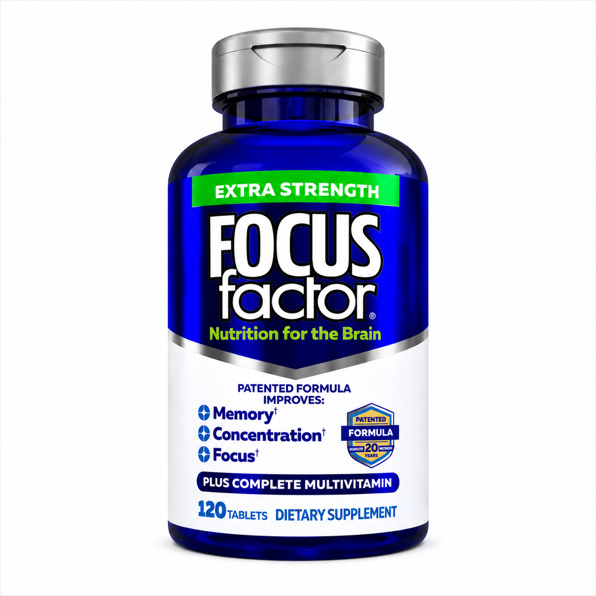 Focus Factor Extra Strength - Memory, Concentration and Focus - DMAE, Vitamin D, DHA, Bacopa and Much More - Trusted Clinically d Brain Health Supplement, 120 Count